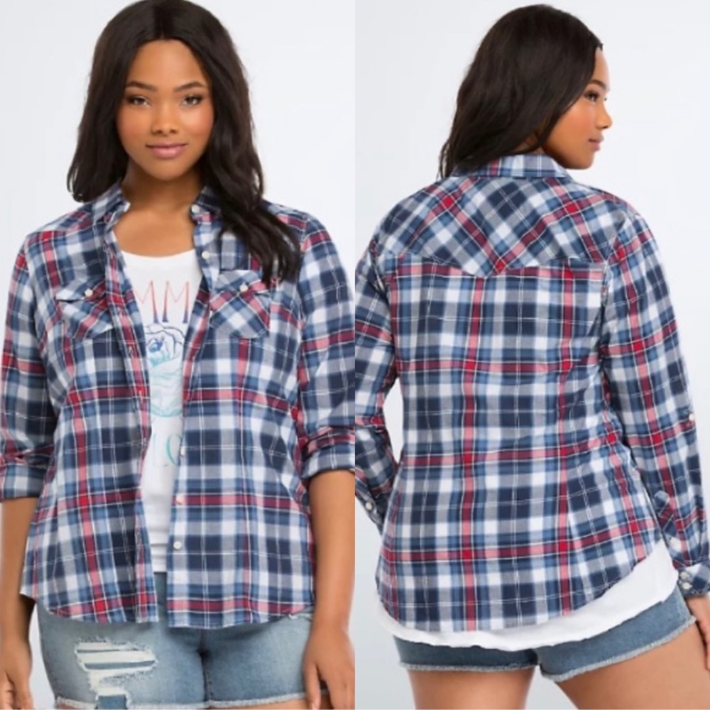 Torrid Plaid Camp Shirt Button Front Roll Tab Sleeve Top Red Blue Plus Size